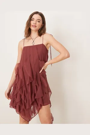 ASOS Tie strap ruffle mini dress in chocolate