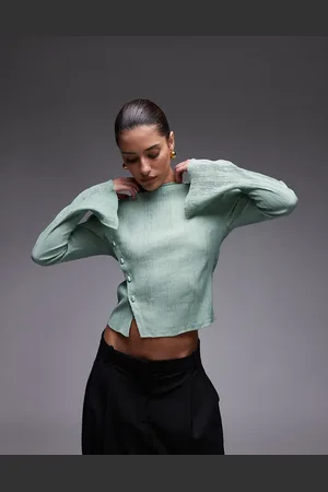 & OTHER STORIES Textured sheer long sleeve top with asymmetric button front in green
