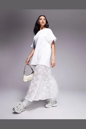 ASOS 2 in 1 T-shirt midi dress with tiered lace skirt in white