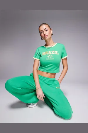 Kaiia Sport contrast trim Brazil baby tee co-ord in green and yellow