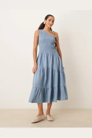 ASOS Crinkle midi dress with asymmetric neckline in steel