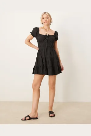 ASOS Soft denim smock tiered mini dress with tie detail in