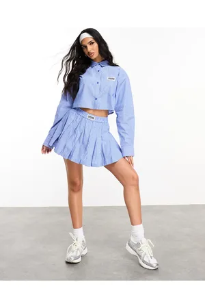 ASOS Weekend Collective co-ord pleated mini skirt with woven label in blue stripe