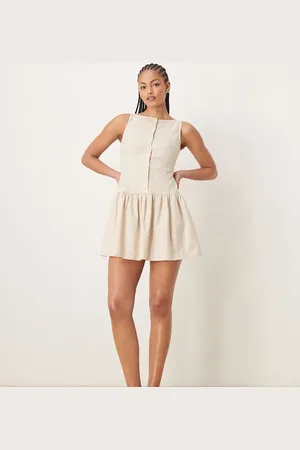 ASOS ASOS DESIGN Tall slash neck button down dropped waist mini dress in oatmeal