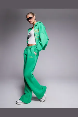 Kaiia Embroidered logo wide leg jogger co-ord in green and yellow