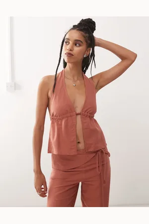 Motel Syrma bead detail linen halter top in tuscan red