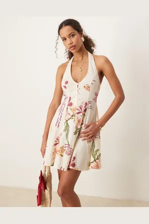ASOS Halter mini dress with godet hem in rose conversational print