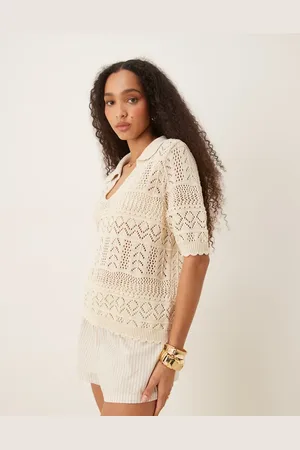 VILA Patterned crochet short sleeve knitted polo top in birch cream