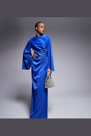 ASOS ASOS DESIGN Tall exaggerated sleeve bias maxi dress with ruched waist in cobalt