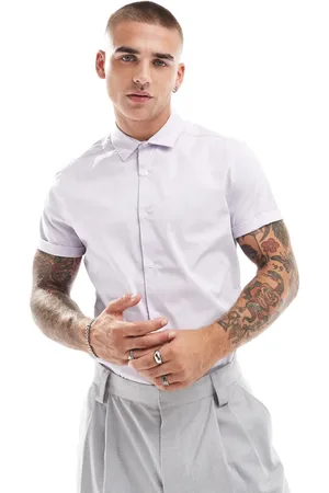 ASOS Stretch slim fit work shirt with rolled sleeves in lilac