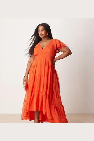ASOS ASOS DESIGN Curve flutter sleeve ruched maxi dress with hi low hem in spicy