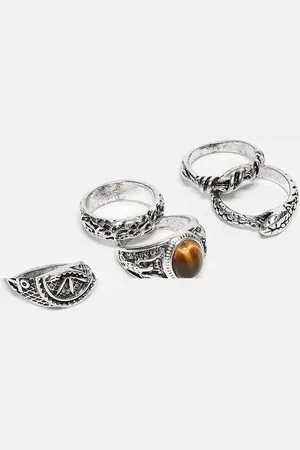ASOS 5 pack ring set with compass and faux tigers eye stone in burnished tone