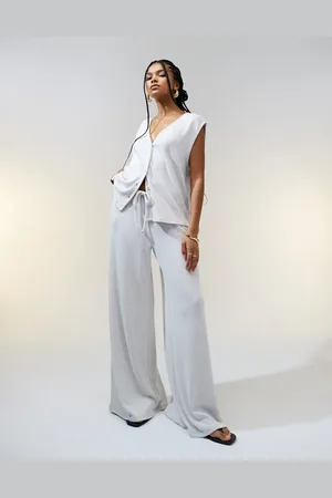 ASOS Textured knit wide leg co-ord trouser in stone