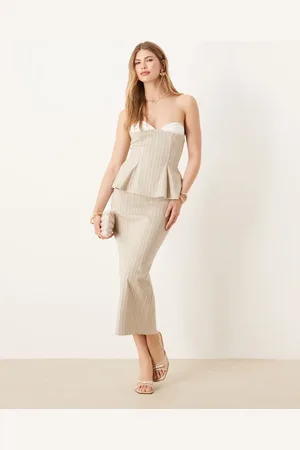 ASOS Contrast cup bengaline bandeau overlay midi dress in natural stripe