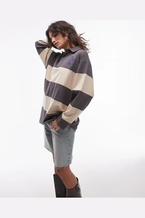 Résumé Resume oversized long sleeve stripe polo shirt in charcoal