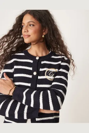 GANT Crew neck logo cardigan in stripe