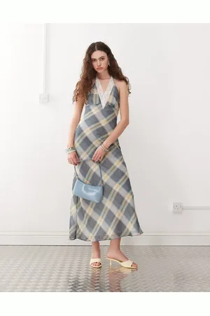 Lioness 90s halterneck lace trim low back maxi dress in vintage blue check