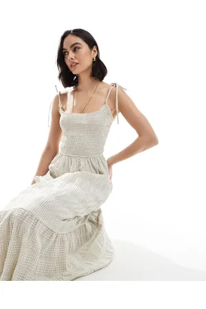 Daisy Street Shirred midaxi dress in beige stripe