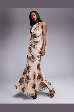 ASOS Mesh square halter maxi dress with asymmetric ruching in abstract floral print