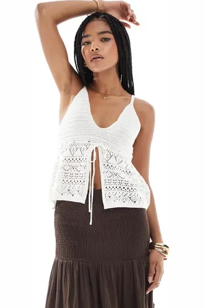 Bershka Tie front crochet top in ecru