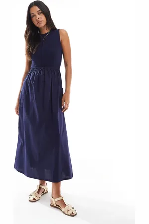 Threadbare High neck maxi dress with poplin skirt and waist detail in