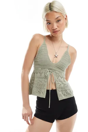 Bershka Tie front crochet top in khaki