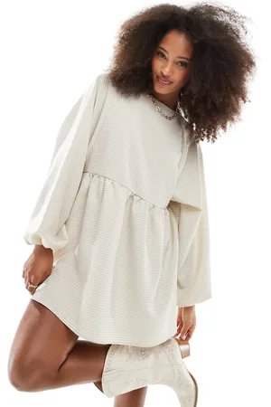 Daisy Street Oversized long sleeve smock mini dress in washed sand check
