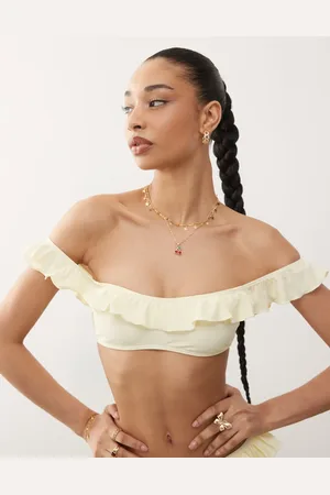 Reclaimed Off the shoulder bikini top with ruffle in butter yellow