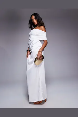 Aria Cove Satin bardot sheer panel drape detail fishtail maxi dress in white