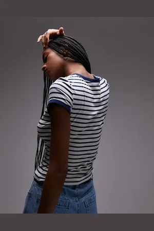& OTHER STORIES Fitted jersey t-shirt with cap sleeves in blue stripes with embroidered placement
