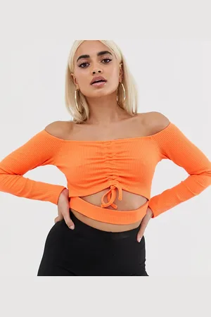ASOS ASOS DESIGN Petite ruched front bardot crop top in rib