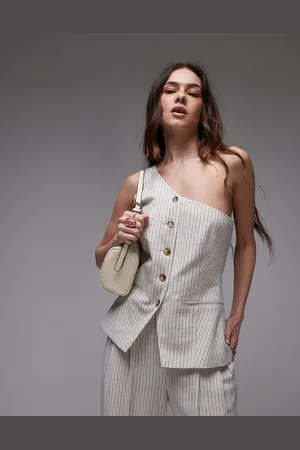 Topshop Co ord linen stripe one shoulder top in cream