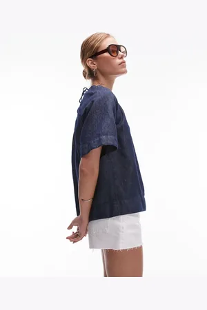 ARKET Linen denim top with volume sleeves in clean indigo