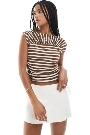 ASOS Stripe cut about ruched cinched top in buttermilk
