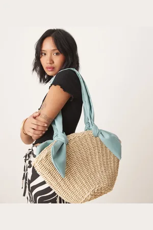 My Accessories Small straw tote bag with contrast satin straps in off