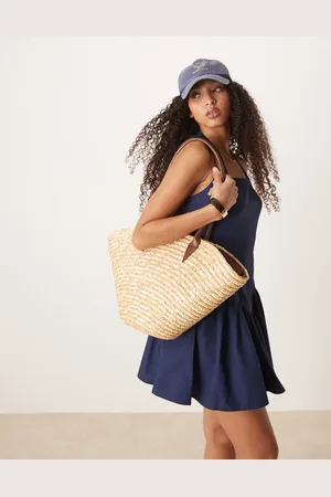 My Accessories Large straw tote bag with contrast strap in beige
