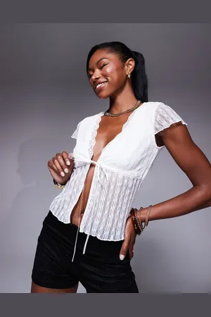 Princess Polly Tie front lace flutter sleeve top in