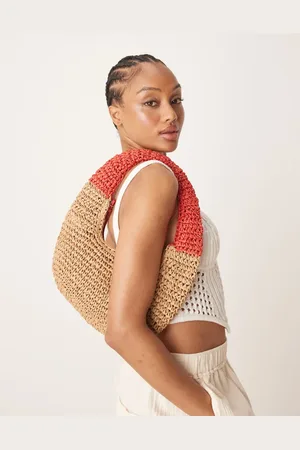 My Accessories Straw grab bag in red and natural beige