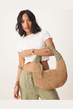 My Accessories Straw grab bag in green and natural beige