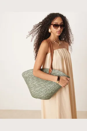 My Accessories Large straw tote bag with contrast strap in olive