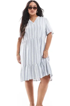 ONLY Linen mix v-neck mini dress in light stripes