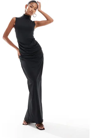 Aria Cove Double layered slinky high neck ruched detail maxi dress in
