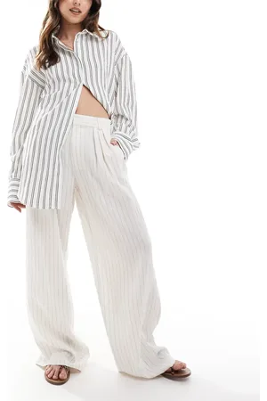 Stradivarius Wide leg crinkle pleat front trouser in ecru stripe