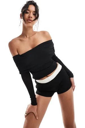 Kaiia Exclusive textured bardot fold detail long sleeve top in