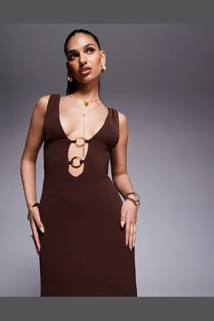 Princess Polly Plunge neck ring detail maxi dress in chocolate