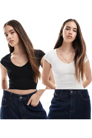 Bershka 2 pack v-neck baby tee in black and white