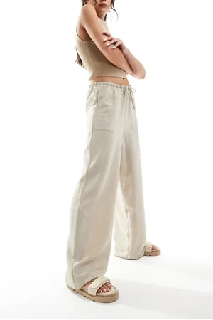 VERO MODA Pull on wide leg trousers with tie waist in stone