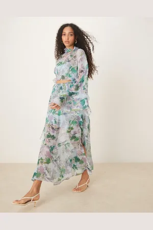 ASOS High neck cut out maxi dress with frill sleeve in floral print