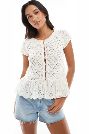 Stradivarius Embroidered frill hem knitted top in ecru