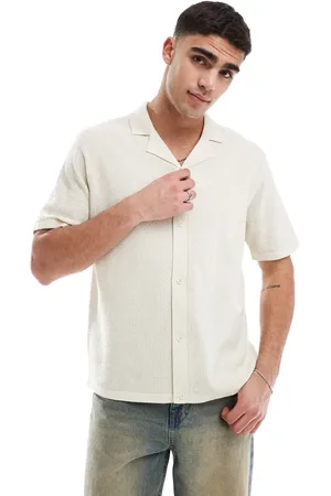 JJ Revere collar button through knitted polo in beige